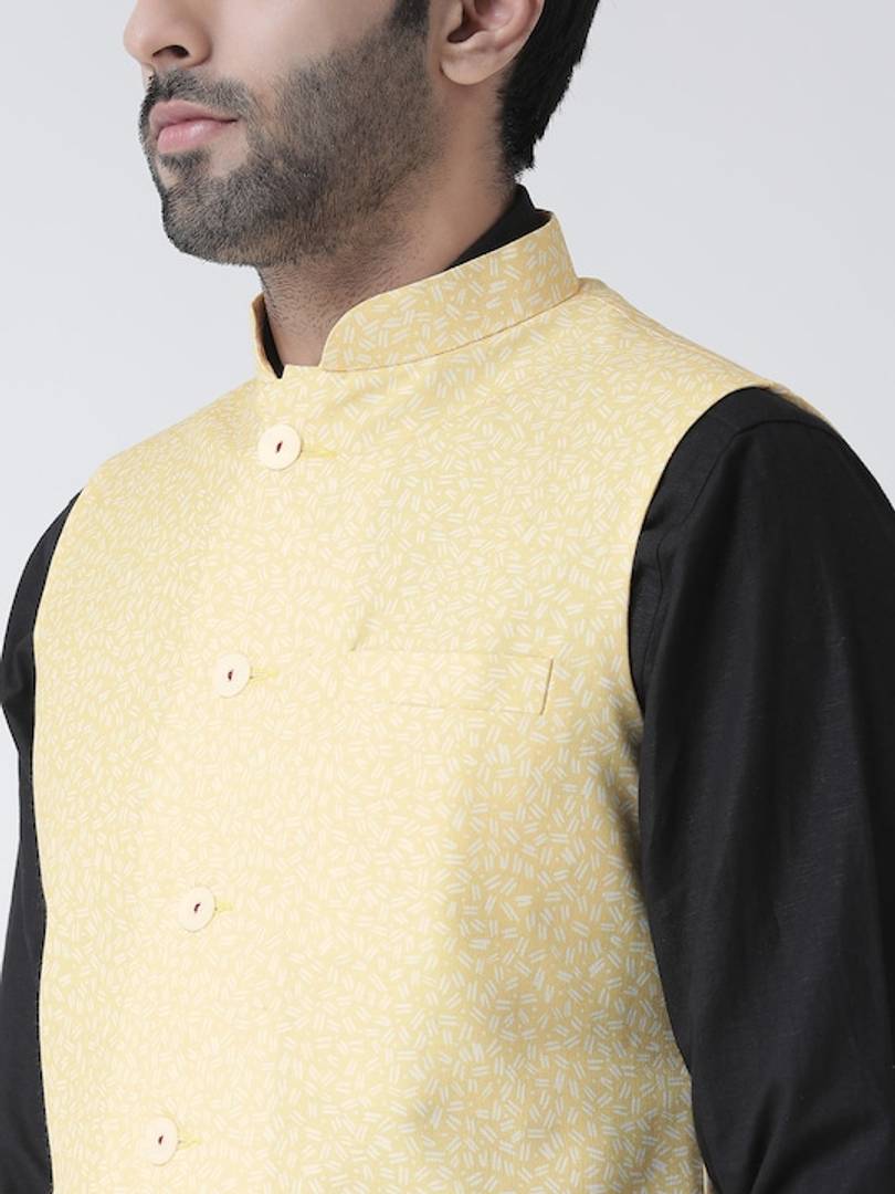 Men's Yellow 
Cotton Blend
 Printed Nehru Jackets